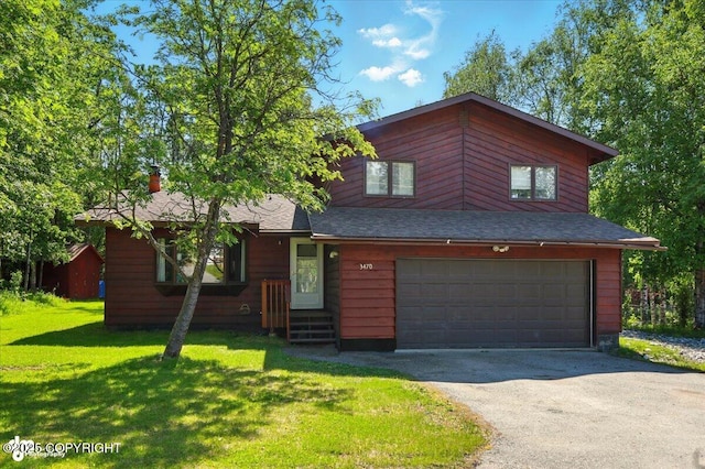 3470 W Wren St, Wasilla, AK 99623 - rustic home with driveway, a garage, a front yard, and a chimney