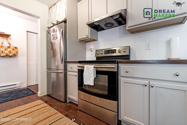 190 Grand Larry St Unit A-01, Anchorage, AK 99504 - kitchen featuring stainless steel appliances, range hood, a baseboard radiator, dark wood-style floors, and dark countertops