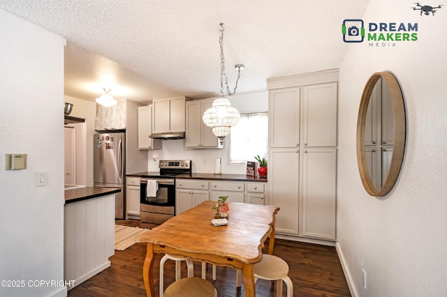 190 Grand Larry St Unit A-01, Anchorage, AK 99504 - kitchen with appliances with stainless steel finishes, under cabinet range hood, dark countertops, dark wood finished floors, and a textured ceiling