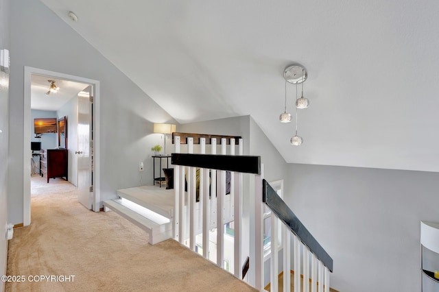 3370 Chaparral Cir, Anchorage, AK 99502 - stairs featuring vaulted ceiling, carpet flooring, and baseboards