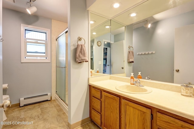 3370 Chaparral Cir, Anchorage, AK 99502 - full bathroom featuring baseboard heating, a stall shower, vanity, baseboards, and recessed lighting