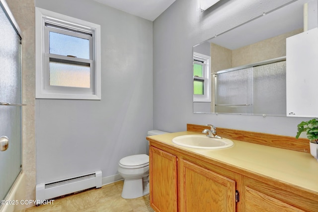 3370 Chaparral Cir, Anchorage, AK 99502 - bathroom with a baseboard radiator, toilet, vanity, and enclosed tub / shower combo