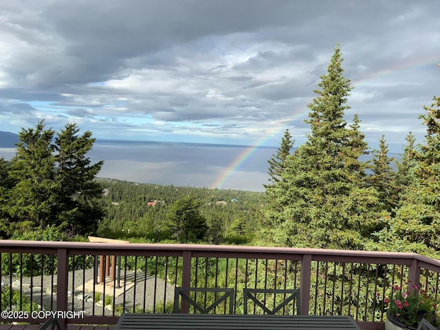 16971 Mount Mckinley View Dr, Anchorage, AK 99516 - wooden terrace featuring a wooded view