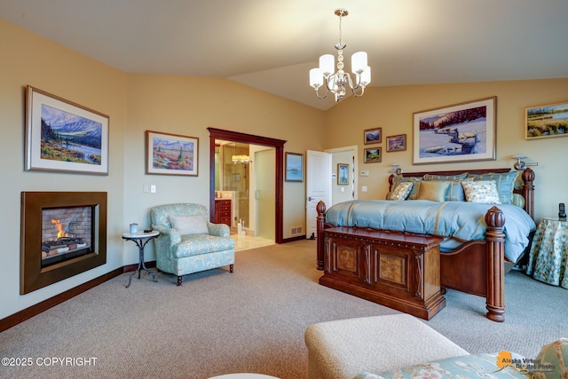 16971 Mount Mckinley View Dr, Anchorage, AK 99516 - carpeted bedroom featuring a chandelier, vaulted ceiling, ensuite bath, and baseboards