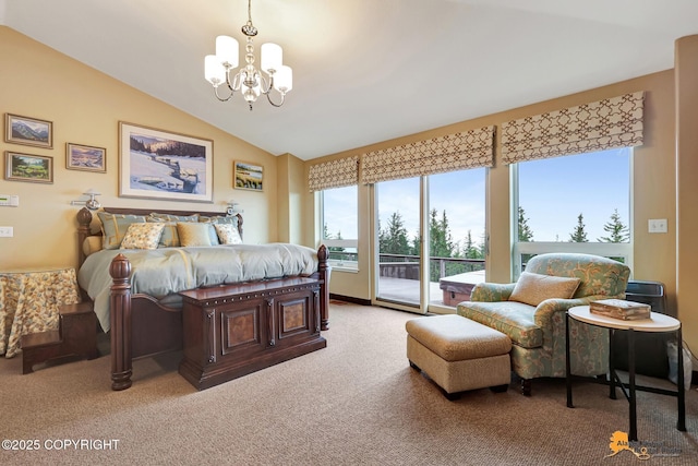 16971 Mount Mckinley View Dr, Anchorage, AK 99516 - bedroom with access to exterior, a chandelier, carpet, and vaulted ceiling