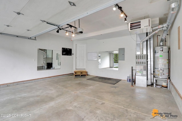 17480 Beaujolais Cir, Eagle River, AK 99577 - garage with secured water heater, a garage door opener, electric panel, a heating unit, and baseboards