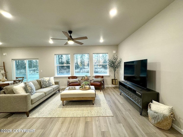 680 Wortham Ave, Kenai, AK 99611 - living area featuring healthy amount of natural light, ceiling fan, light wood-type flooring, baseboards, and recessed lighting
