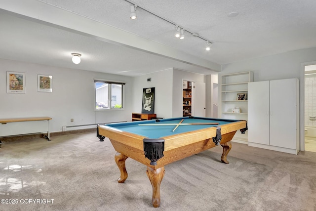 12921 Silver Spruce Dr, Anchorage, AK 99516 - recreation room with carpet flooring, billiards, baseboard heating, baseboards, and a textured ceiling