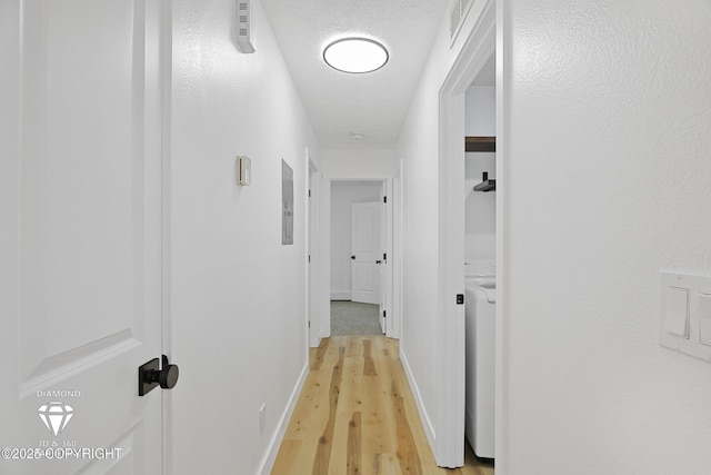 10108 Thimble Berry Dr, Anchorage, AK 99515 - hallway featuring light wood-type flooring, electric panel, and baseboards