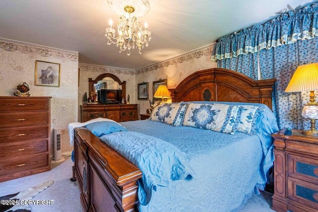 5411 Honeysuckle Ln, Wasilla, AK 99654 - bedroom featuring a chandelier, carpet floors, crown molding, and wallpapered walls