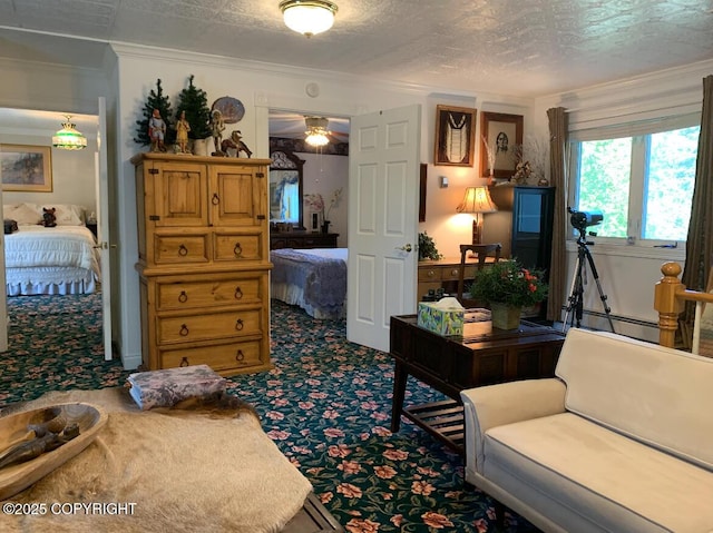 5411 Honeysuckle Ln, Wasilla, AK 99654 - living room with ornamental molding, carpet floors, ceiling fan, and baseboard heating