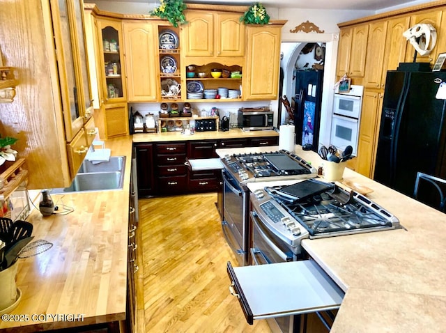 5411 Honeysuckle Ln, Wasilla, AK 99654 - kitchen featuring stainless steel appliances, light countertops, light wood-type flooring, open shelves, and glass insert cabinets