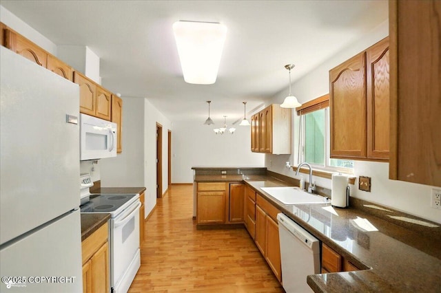 22030 Birch Creek Dr, Chugiak, AK 99567 - kitchen with white appliances, a sink, a peninsula, light wood-style floors, and dark countertops