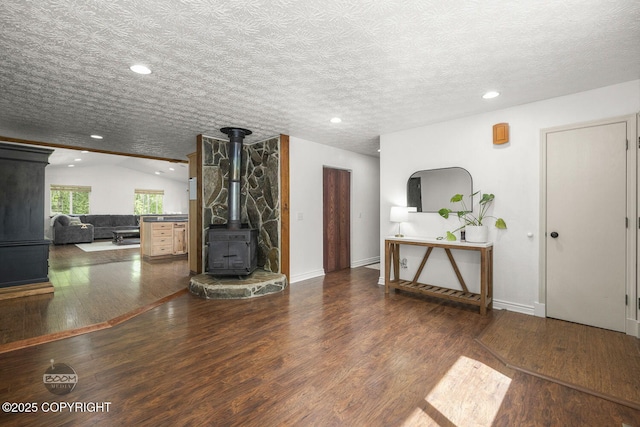 9845 E Lee Ann Dr, Palmer, AK 99645 - living room with a wood stove, wood finished floors, and recessed lighting