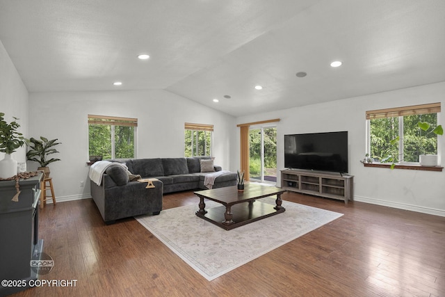 9845 E Lee Ann Dr, Palmer, AK 99645 - living area featuring dark wood-style flooring, lofted ceiling, baseboards, and recessed lighting