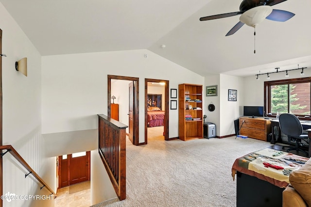 34952 Treeline Ave, Soldotna, AK 99669 - home office featuring light colored carpet, lofted ceiling, and ceiling fan