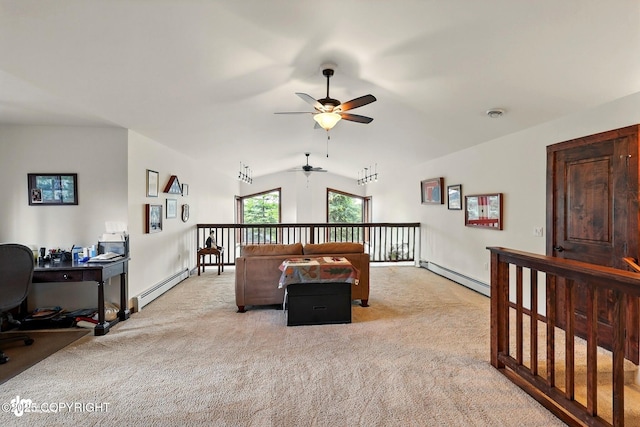 34952 Treeline Ave, Soldotna, AK 99669 - bedroom featuring a baseboard heating unit, light carpet, vaulted ceiling, and an office area