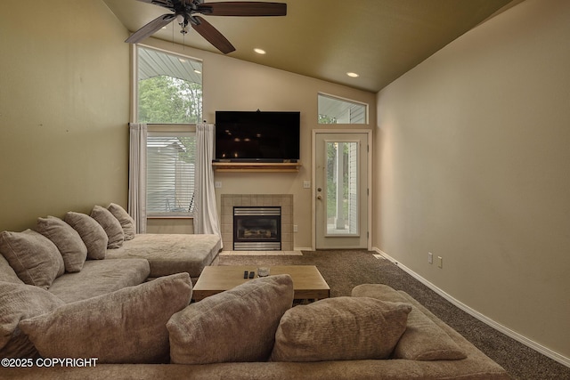 9650 E Forest Grove Cir # 10B, Palmer, AK 99645 - carpeted living area with a fireplace, baseboards, ceiling fan, vaulted ceiling, and recessed lighting