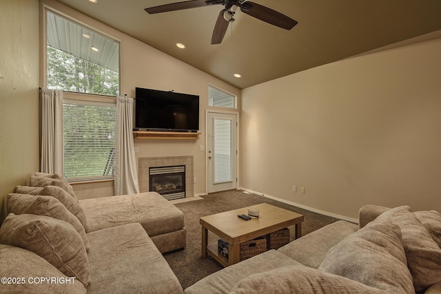 9650 E Forest Grove Cir # 10B, Palmer, AK 99645 - living area with dark carpet, ceiling fan, a tile fireplace, baseboards, and recessed lighting