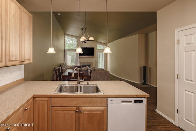 9650 E Forest Grove Cir # 10B, Palmer, AK 99645 - kitchen featuring white dishwasher, a sink, open floor plan, dark wood-style floors, and light countertops