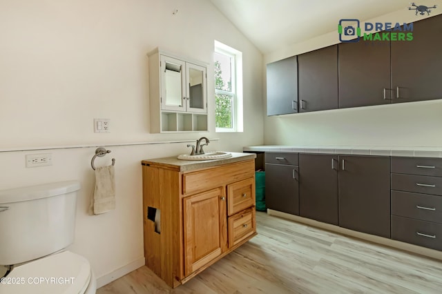 3745 W Machen Rd, Wasilla, AK 99623 - bathroom featuring wood finished floors, vanity, and vaulted ceiling
