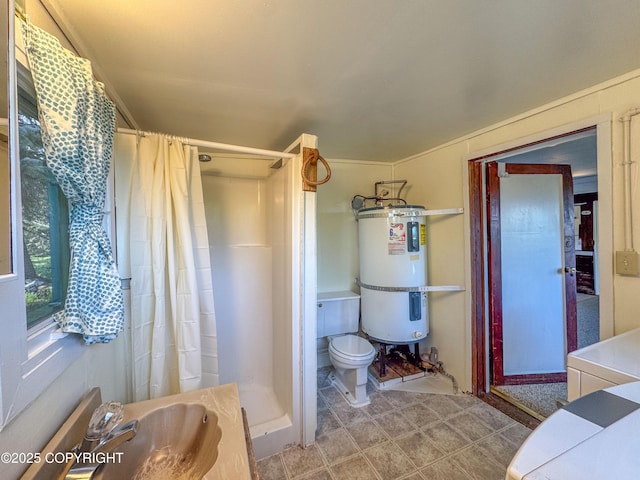 4075 Mattox Rd, Homer, AK 99603 - bathroom with water heater, a stall shower, toilet, a sink, and tile patterned flooring