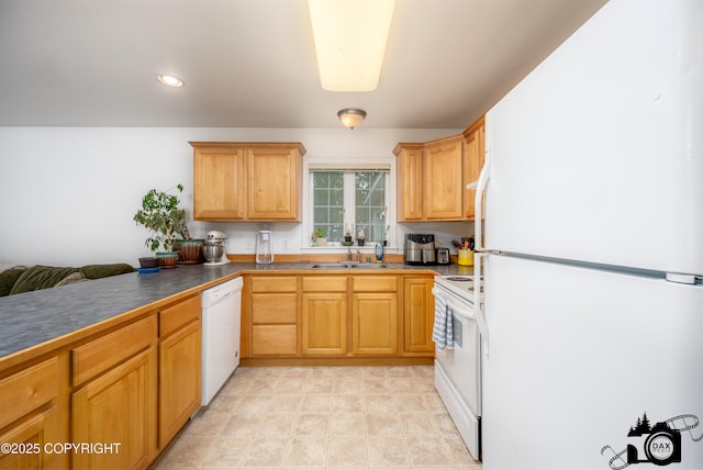 500 W Roy Rd, Wasilla, AK 99654 - kitchen featuring white appliances, a sink, dark countertops, and recessed lighting