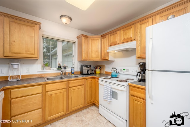 500 W Roy Rd, Wasilla, AK 99654 - kitchen featuring white appliances, a sink, under cabinet range hood, and dark countertops