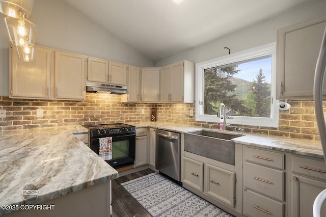 19113 Sarichef Loop, Eagle River, AK 99577 - kitchen featuring dishwasher, black electric range oven, under cabinet range hood, a sink, and vaulted ceiling