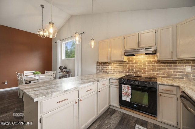 19113 Sarichef Loop, Eagle River, AK 99577 - kitchen featuring black electric range, under cabinet range hood, a peninsula, dishwasher, and vaulted ceiling