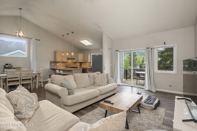19113 Sarichef Loop, Eagle River, AK 99577 - living area with lofted ceiling, plenty of natural light, dark wood-style floors, and baseboards