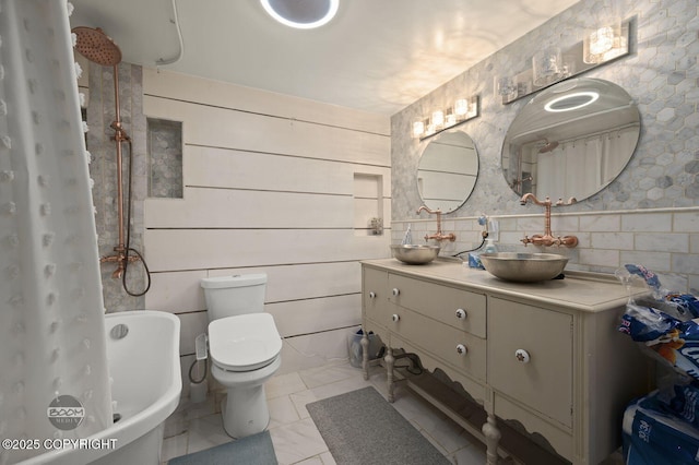19113 Sarichef Loop, Eagle River, AK 99577 - bathroom with vanity, toilet, a shower with curtain, a tub to relax in, and marble finish flooring