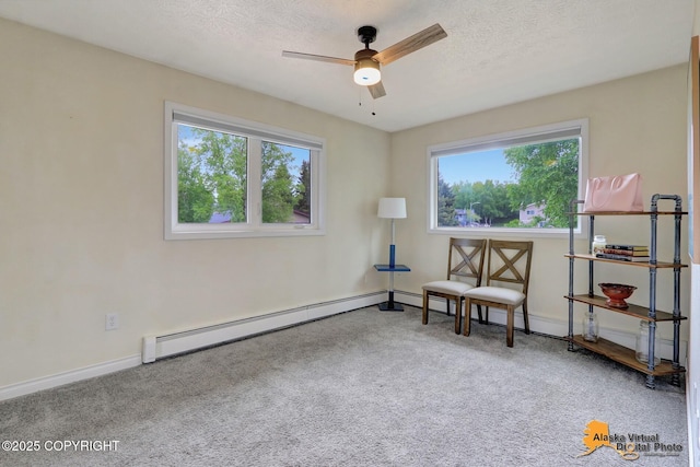218 Deerfield Dr, Anchorage, AK 99515 - living area featuring healthy amount of natural light, carpet flooring, a ceiling fan, a baseboard radiator, and a textured ceiling