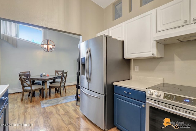 218 Deerfield Dr, Anchorage, AK 99515 - kitchen with stainless steel appliances, blue cabinetry, under cabinet range hood, white cabinets, and light wood-style floors