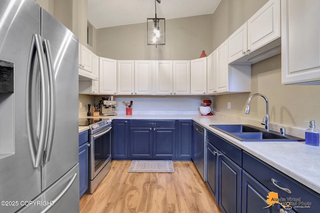 218 Deerfield Dr, Anchorage, AK 99515 - kitchen with stainless steel appliances, blue cabinets, a sink, white cabinetry, and light wood finished floors