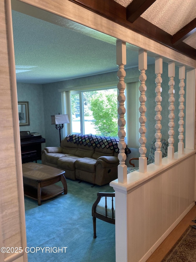 3316 Vassar Dr, Anchorage, AK 99508 - carpeted living room with a textured ceiling and beamed ceiling
