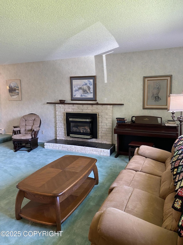 3316 Vassar Dr, Anchorage, AK 99508 - living area with carpet floors, a textured ceiling, and a brick fireplace
