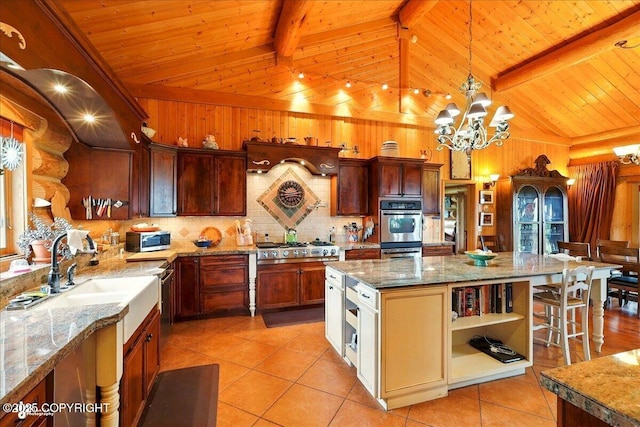 22325 Sterling Hwy, Ninilchik, AK 99639 - kitchen featuring open shelves, wooden ceiling, light tile patterned flooring, a chandelier, and appliances with stainless steel finishes