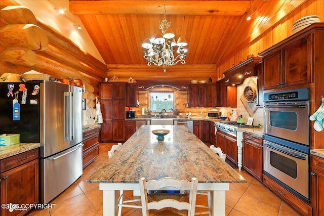 22325 Sterling Hwy, Ninilchik, AK 99639 - kitchen with stainless steel appliances, wood ceiling, vaulted ceiling, light tile patterned floors, and a chandelier