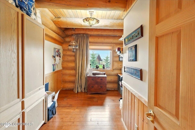 22325 Sterling Hwy, Ninilchik, AK 99639 - corridor with rustic walls, light wood-style flooring, wooden ceiling with exposed beams, and wainscoting