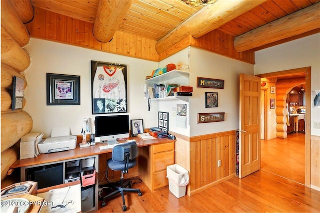 22325 Sterling Hwy, Ninilchik, AK 99639 - home office featuring wooden ceiling with exposed beams, light wood-style flooring, and a wainscoted wall