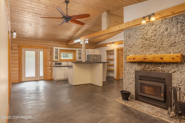 2390 Hermits Way N, Pole, AK 99705 - kitchen with freestanding refrigerator, open shelves, dark countertops, wooden ceiling, and white cabinets