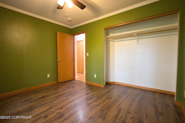 11838 N Hagion Shores Dr, Willow, AK 99688 - unfurnished bedroom with wood finished floors, crown molding, baseboards, and a closet