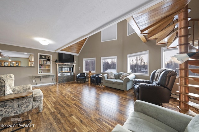 4745 Manytell Ave, Anchorage, AK 99516 - living area featuring a glass covered fireplace, wood finished floors, a textured ceiling, and high vaulted ceiling