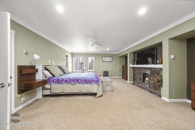 4745 Manytell Ave, Anchorage, AK 99516 - carpeted bedroom with ornamental molding, baseboards, recessed lighting, a fireplace with flush hearth, and ceiling fan