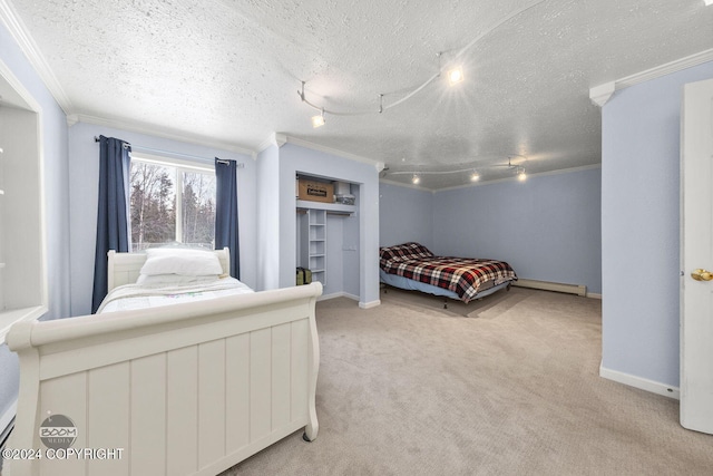 4745 Manytell Ave, Anchorage, AK 99516 - bedroom with ornamental molding, baseboard heating, light colored carpet, a textured ceiling, and baseboards