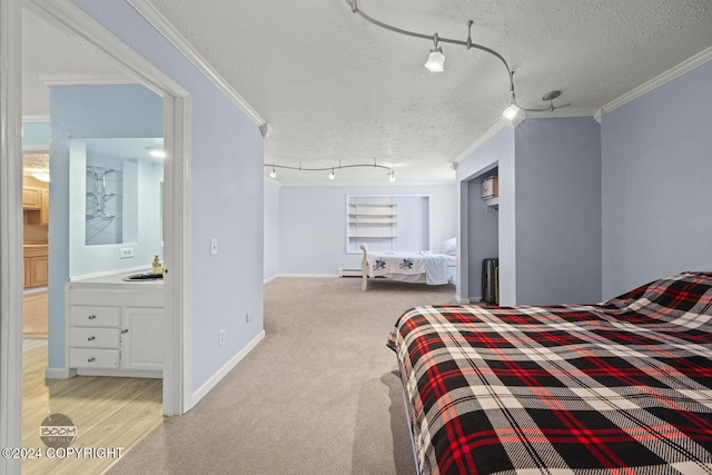 4745 Manytell Ave, Anchorage, AK 99516 - bedroom with ornamental molding, a sink, a textured ceiling, rail lighting, and carpet floors