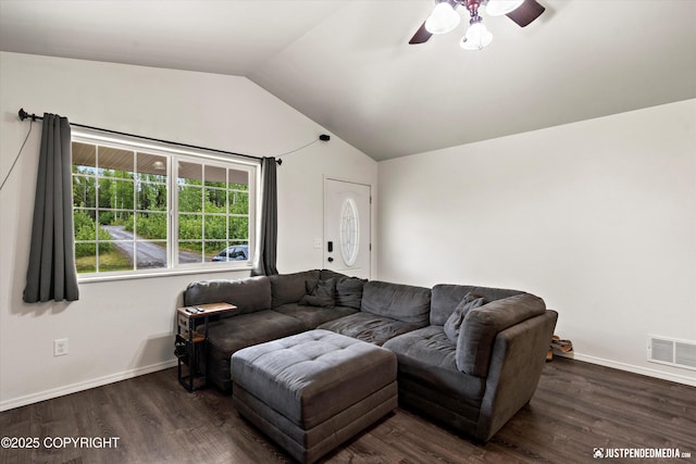 7490 W Rodney Cir, Wasilla, AK 99623 - living area featuring lofted ceiling, dark wood-style flooring, ceiling fan, and baseboards