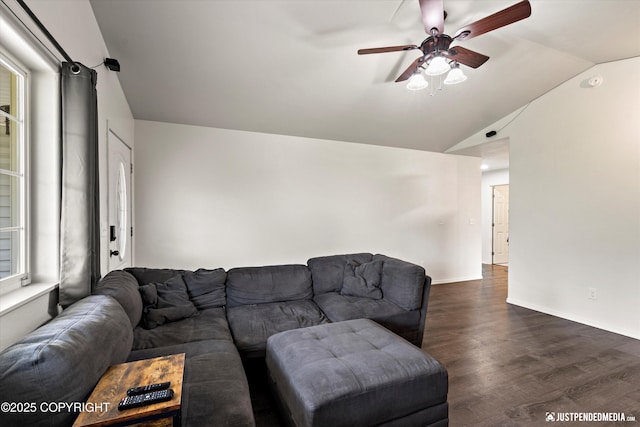 7490 W Rodney Cir, Wasilla, AK 99623 - living room with a ceiling fan, dark wood-type flooring, vaulted ceiling, and baseboards