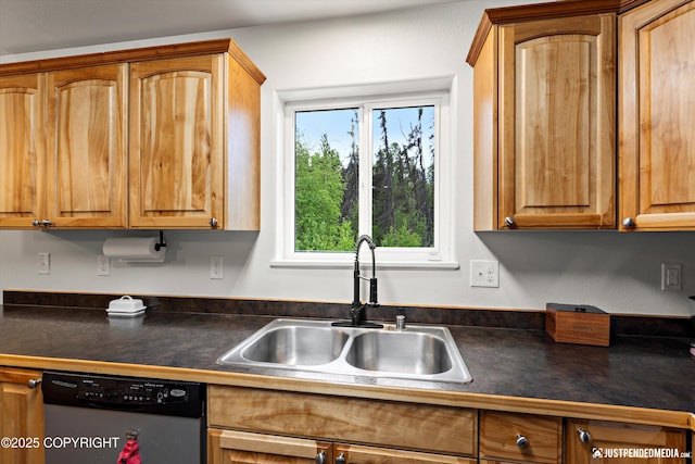 7490 W Rodney Cir, Wasilla, AK 99623 - kitchen with dishwasher, a sink, dark countertops, and brown cabinets
